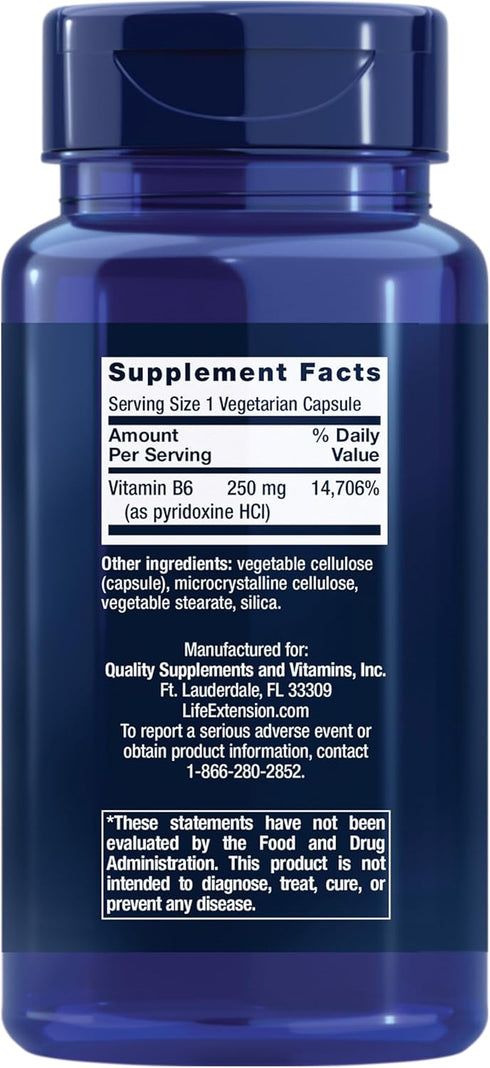 Life Extension Vitamin B6 250 mg – For Cardiovascular & Neurological Health and Kidney & Eye Health - Gluten-Free, Non-GMO – 100 Vegetarian Capsules