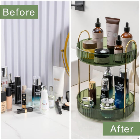 Rotating Makeup Organizer for Vanity, 2 Tier High-Capacity Skincare Storage with 360 Spinning for Countertop
