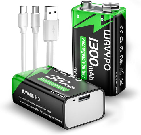 9V Rechargeable Batteries, 1300mAh 9 Volt Lithium with USB-C Charge and 2 in 1 Charging Cable, 2 Pack