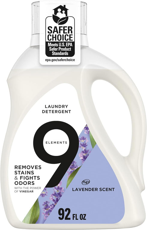 9 Elements Natural Laundry Detergent Liquid Soap, Lavender Scent, Vinegar Powered, 92 Fl Oz, 1 Count