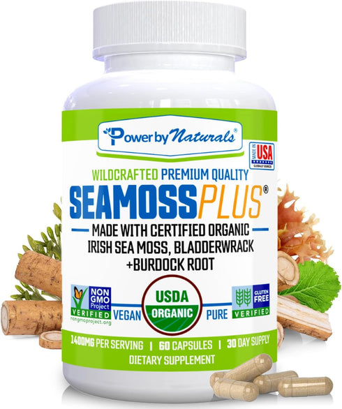 Power By Naturals Sea Moss Plus - USDA Organic Irish Sea Moss Capsules with Bladderwrack & Burdock Root - 60Ct