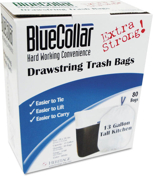 Heritage Products BlueCollar N4828EWRC1 Drawstring Trash Bags, 13gal, 0.8mil, 24 x 28, White, 80/Box
