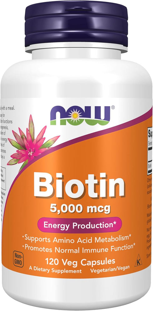 NOW Foods Supplements, Biotin 5,000 mcg, 120 Veg Capsules for Amino Acid Metabolism and Energy Production