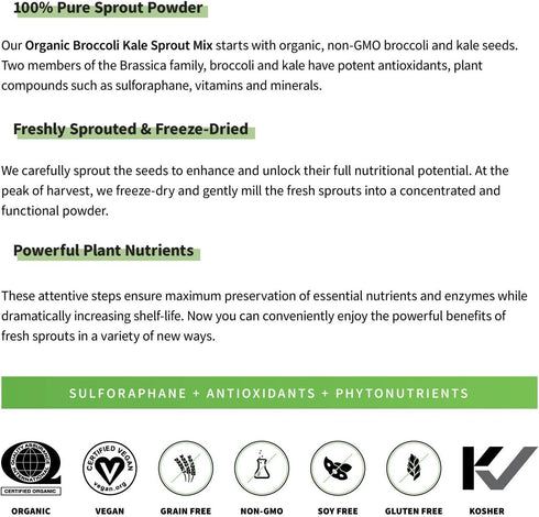 Sprout Living Organic Broccoli and Kale Sprout Mix, Freeze Dried Superfood Greens Powder, 100% Pure, Vegan, Non-GMO,