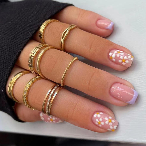 Square Press on Nails Short Cute Purple French Tip False Nails with White Flower Designs - 24 Pcs