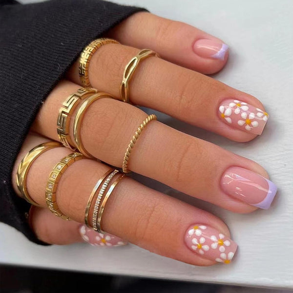 Square Press on Nails Short Cute Purple French Tip False Nails with White Flower Designs - 24 Pcs