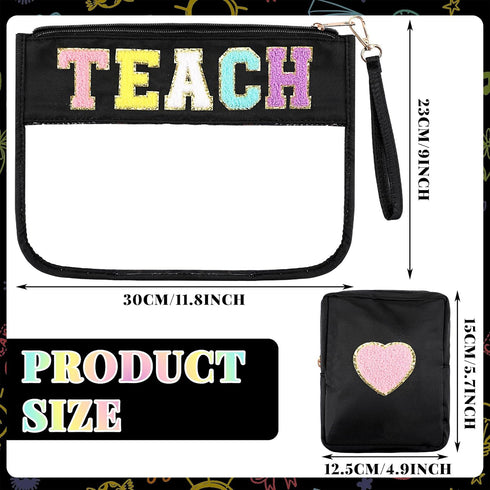 Hillban 2 Pcs Teacher Gifts Chenille Letter Bags, Preppy Patch Makeup Bag Flat Clear Pouch for Women Girl
