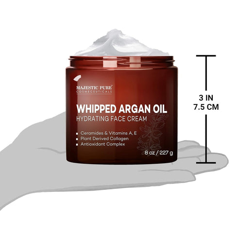 MAJESTIC PURE Whipped Argan Oil Moisturizer Face Cream, 8oz - Hydrates Dry and Oily Skin with Vitamin E, A, Collagen &