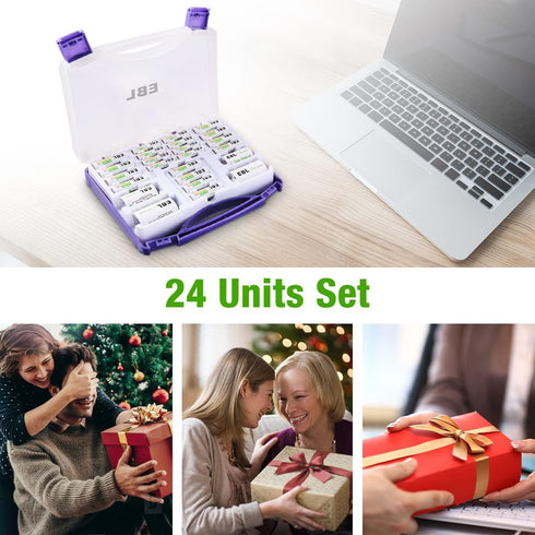 EBL Purple Super Power Battery Box, Includes 12 AA Batteries, 8 AAA Batteries, 2pcs C/D Adapters