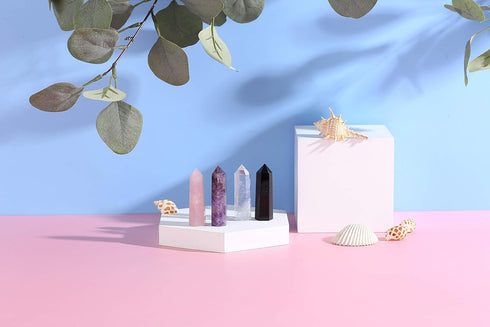 Healing Crystal Wands, 2" Amethyst, Rose Quartz, Clear Quartz, Black Obsidian, 6 Faceted Reiki Chakra Stones