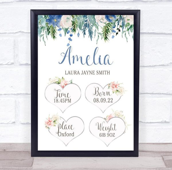 The Card Zoo New Baby Birth Details Christening Nursery Blue Pink Floral Keepsake Gift Print
