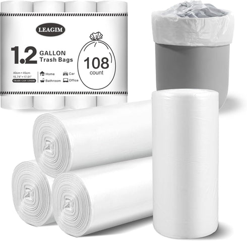 Small Trash Bags 1.2 Gallon - 108 Count Garbage Bags for Bathroom Mini Trash Can Liners, Fit 4.5-5 Liter White