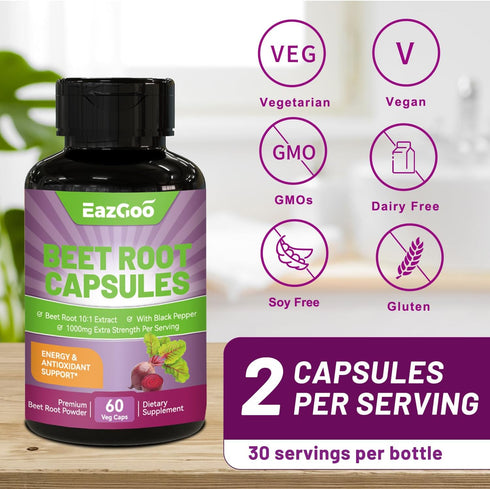 Beet Root Capsules 1000mg Per Serving - 60 Counts for Nitric Oxide Production & Blood Pressure Support