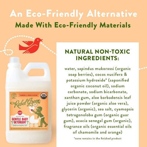 Rebel Green Natural Baby Laundry Detergent, Certified Organic and Hypoallergenic Liquid Soap for Infants - 64 Loads