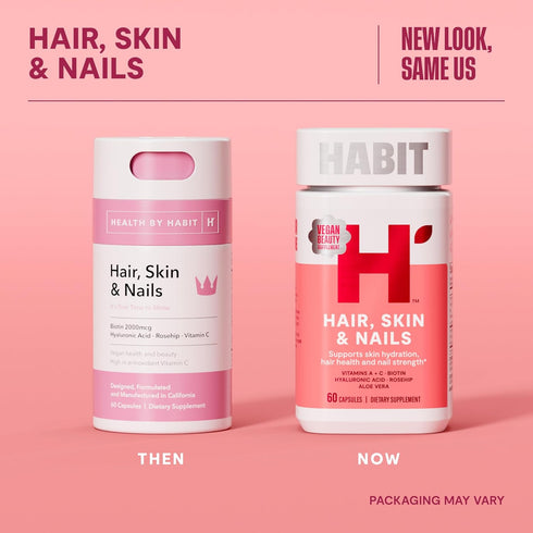 HABIT Hair, Skin & Nails Supplement (60 Capsules) - New Look, Supports Skin Hydration, Hair & Nail Strength, Biotin 2000mcg, Vitamin A & C, Hyaluronic Acid, Rosehip, Vegan, Non-GMO (1 Pack)