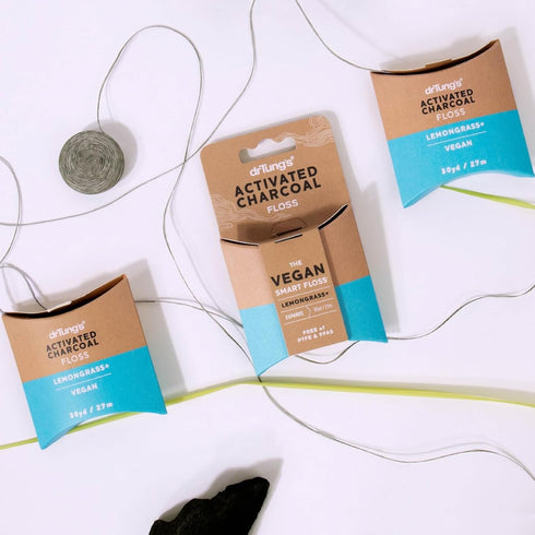 DrTung's Vegan Activated Charcoal Floss - Natural Floss, PTFE & PFAS Free, Gentle on Gums, Expands & Stretches, BPA