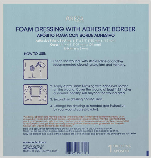 Areza Medical Foam Wound Dressing, Sterile Polyurethane, 6.5" x 6.5" (16.5 cm x 16.5 cm), Adhesive Border, 5 PCS