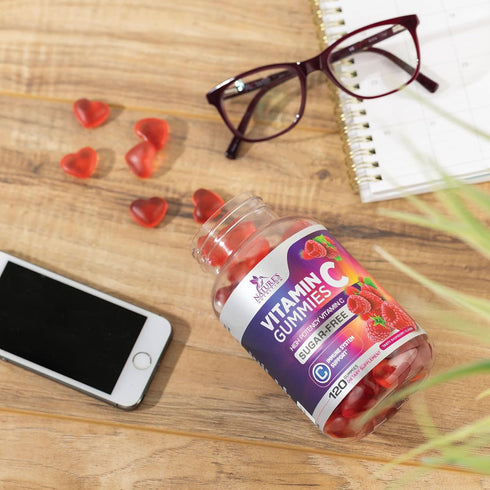 Sugar Free Vitamin C Gummies - 120 Count, Immune Support & Antioxidant Supplement, Vegan, Raspberry Flavor