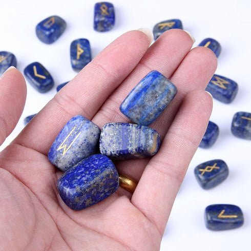 TGS Gems RN001 Lapis Lazuli Rune Stones Set, Engraved Pagan Lettering with Instruction Booklet