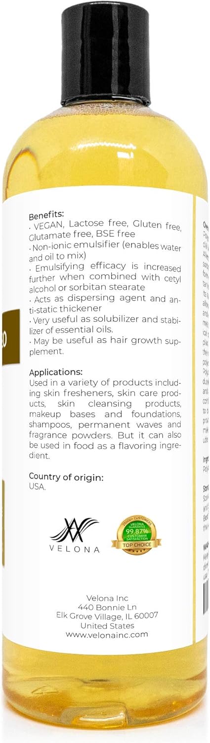 Polysorbate 20 by Velona, 16 oz Solubilizer, Food & Cosmetic Grade, All Natural for Cooking and Skin Care