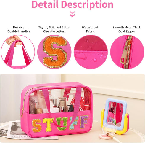 Chenille Letter Patch Clear Makeup Bag, Preppy Nylon with Handle and Zipper, Waterproof Travel Toiletry Bag