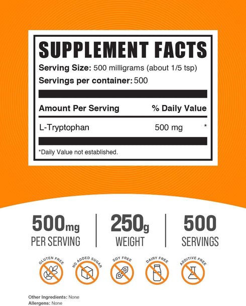 BulkSupplements.com L-Tryptophan Powder, 500mg Tryptophan Supplement, Gluten Free, 250g (8.8 oz) (Pack of 1)