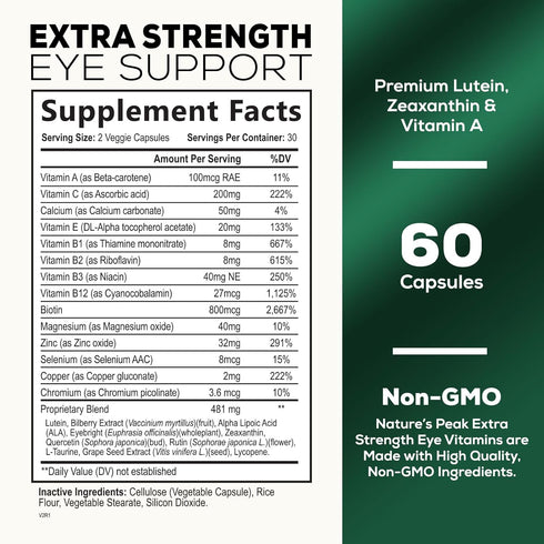 Eye Vitamin & Mineral Supplement with Lutein, Zeaxanthin, Bilberry & Zinc, Supports Eye Strain, Vision Health for Adults with Vitamins C & E, Non-GMO, Vegan Eye Vitamins Supplement - 60 Capsules