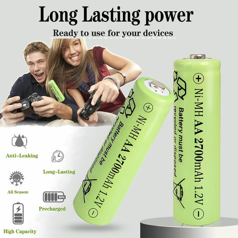 Zsolarigt 1.2V 2700mAh, 4 Counts 1.2V Rechargeable NiMh AA Battery Double A High Performance Batteries Long Lasting