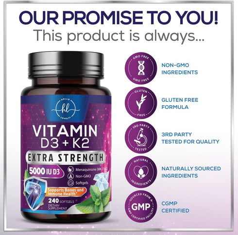 K2 (MK-7) D3 5000IU (125mcg) D3K2 Immune 240 Vitamin D with - Vitamin Per Serving - Complex Supplement for Bone, Teeth