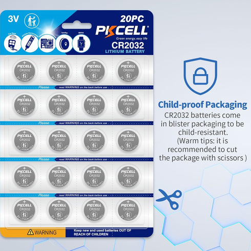 PKCELL CR2032 20-Pack 2032 CR2032 3V Batteries High Capacity Battery Lithium Coin Battery, Compatible with Key Fob, Tea