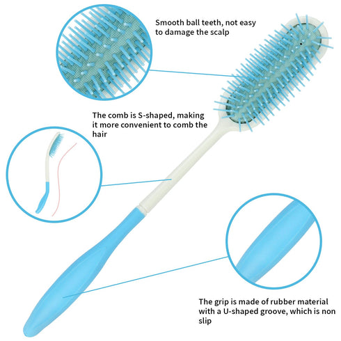 Long Reach Handled Comb and Hair Brush Set for Elderly, Hand-Disabled (Blue) - No Need to Lift Hand