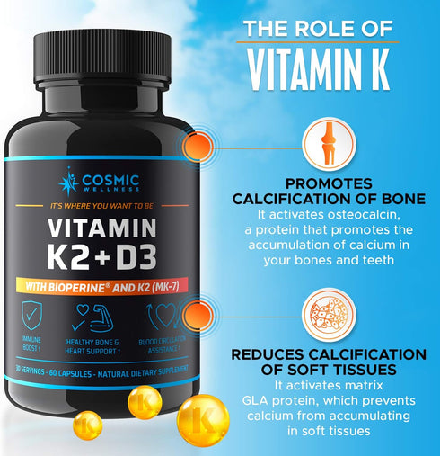 K2 D3 Vitamin Supplement 5000 IU - Enhanced Calcium Absorption for Healthier Bones, Blood, Heart, and Better Immunity