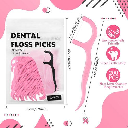 200 Count Dental Floss Picks Bulk, Non-Breakable Dental Flossers for Adults, Family Pack Travel (Pink)