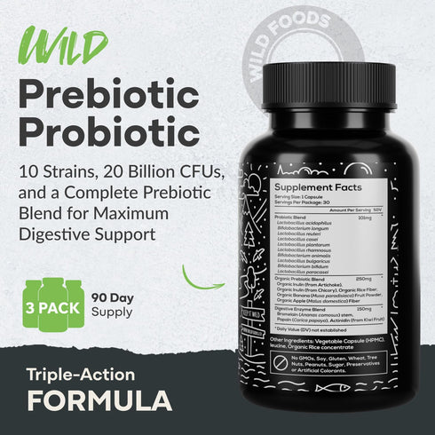 Wild Prebiotics and Probiotics with Digestive Enzymes, 20 Billion CFU, 10 Strains for Women & Men, Gut Health &