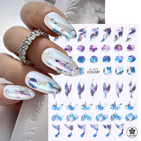 Sea Animals Nail Art Adhesive Sticker, 3D Self-Adhesive Decals, Holographic Shell Fish Jellyfish Decoration