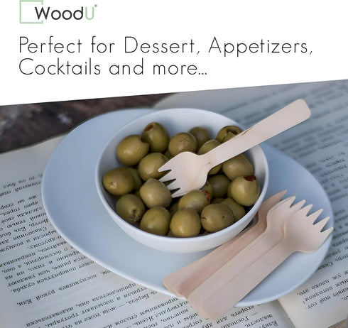 Mini Wooden Spork Disposable - Eco-Friendly Dessert, Appetizers, Cocktails, Biodegradable, Pack of 100