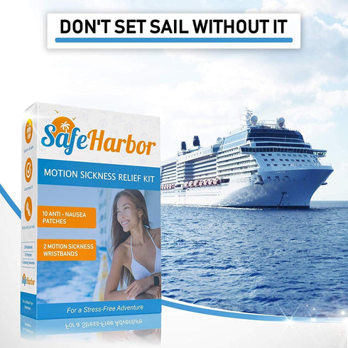 SafeHarbor Motion Sickness Relief Kit for Cruise Essentials, 2 Motion Sickness Bands, 10 Herbal Relief Patches