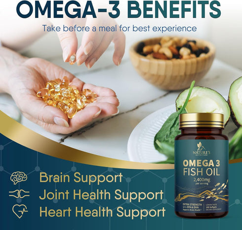 Triple Strength Omega 3 Fish Oil 2400mg - 180 Softgels, Brain & Heart Health Support, EPA & DHA