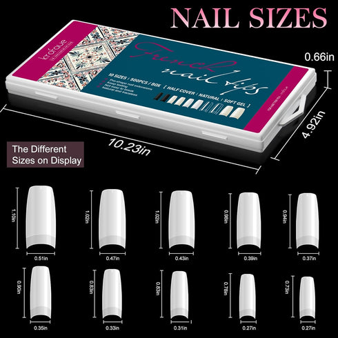 krofaue 500PCS French Style False Nails Tips, Acrylic Artificial Half Cover Manicure with Box of 10 Sizes (White)