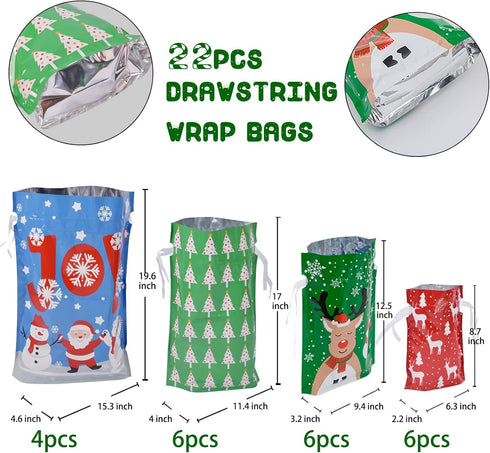 Christmas Gift Bags Assorted Sizes, 22pcs Drawstrings Reusable Plastic Holiday Gift Bags for Presents Wrapping