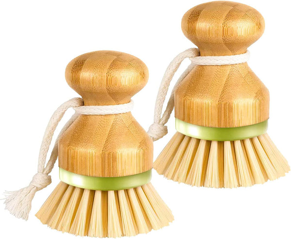 Bamboo Dish Brush, Pack of 2 Scrub Brush for Kitchen Sink, Dishes, Pots, Pans, Cast Iron Skillet Cleaning