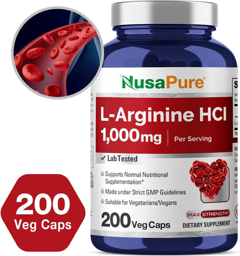 NusaPure L-Arginine - 1000 mg, 200 Veggie Capsules (Non-GMO, Vegetarian, Vegan)