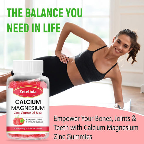 Sugar Free Calcium Gummies for Women Men, Raspberry Flavor, Calcium Magnesium Zinc with Vitamin D3 & K2 - 120 Count