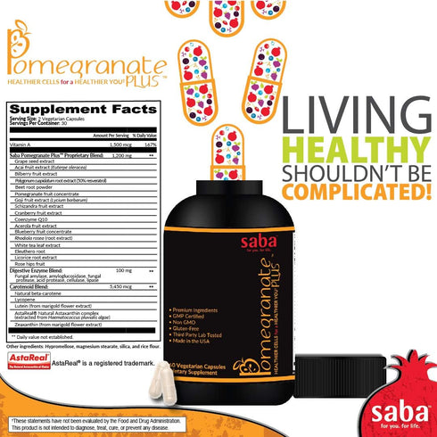 Saba Pomegranate PLUS - Cellular Nutrition, Broad Spectrum of Essential Antioxidants - Support for Stress,