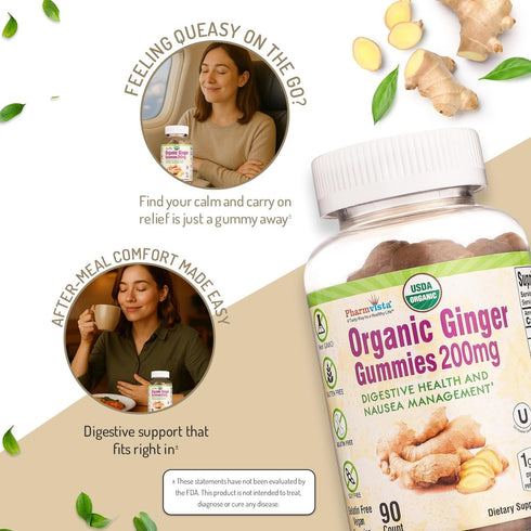 USDA Organic Ginger Gummies 200mg 90 Count for Digestive Health and Nausea Management