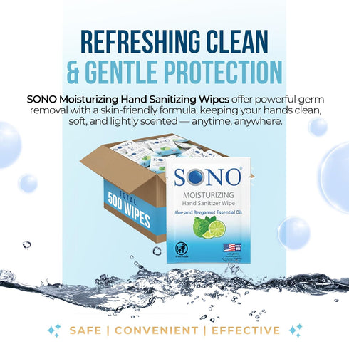 Packs SONO Bergamot & Aloe Moisturizing Hand Sanitizer Wipes - TSA-Approved Travel Size Individual for On-the-Go