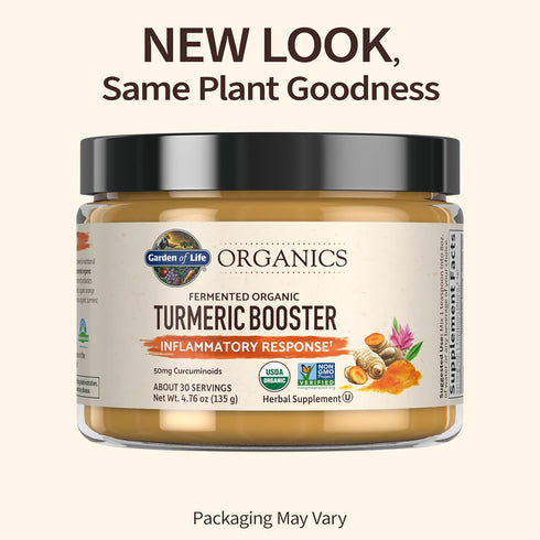 Garden of Life Organics Turmeric Booster Inflammatory Response Powder - 30 Servings, 50mg Curcumin (95% Curcuminoids) & Probiotics, Organic Non-GMO Vegan & Gluten Free Herbal Supplements