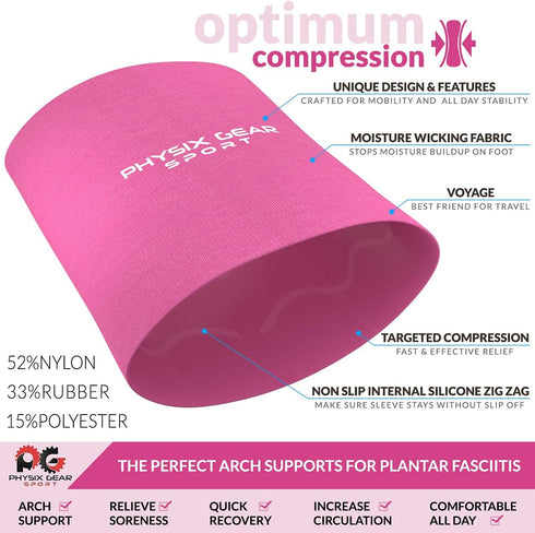 Physix Gear Arch Support Bands for Foot Discomfort - Compression Bands for Plantar Fasciitis, Arch Sleeves, Pink, M