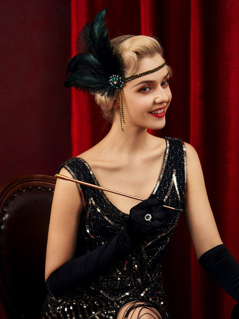 SWEETV 1920s Headpiece Flapper Headband, Rhinestone Pearl Feather Hair Band Great Gatsby Accessories for Women