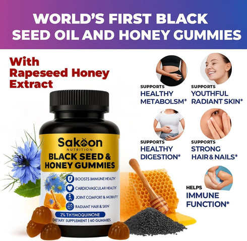 Sakoon Nutrition Black Seed Oil Gummies with Honey, 2%+ THYMOQUINONE, Super Antioxidant for Immune Support, 60 Gummies